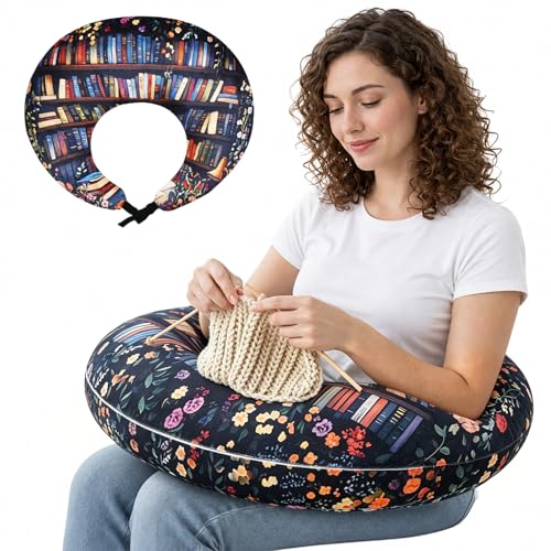 Ergonomic U-Shape Gaming & Lap Pillow for Crocheting - Vintage Bookshelf Crochet Pillow with Elbow & Arm Support Cushion, Reading Pillow for Reading, Playing or Crocheting, Suitable for Adults - color: Vintage Printed Bookshelf Library Books Bookcase