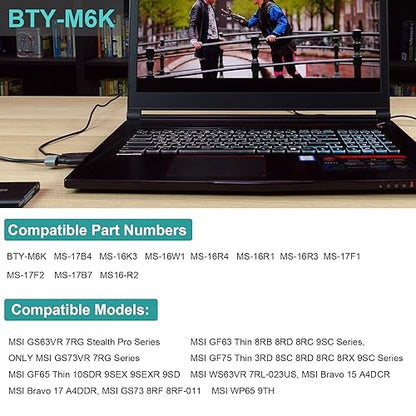 BTY-M6K Laptop Battery for MSI Stealth Pro GF63 GF65 GF75 GS63VR GS73VR 7RG 7RG-005 Thin 8RB 8RC 8RD 8RD-031TH 8RC 8RF 8SC 8RX Thin WS63 8SK WP65 WF65 WF75 MS-16K3 MS-17B4 MS-16W1 MS-16R1 - size: 8.54*3.62*0.24inch