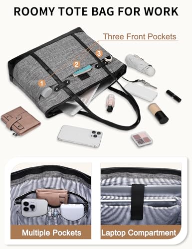 RAVUO Laptop Tote Bag for Women, Water Resistant 15.6 Inch Computer Handbag Purse Teacher Bag With Portable Small Pouch - color: Grey