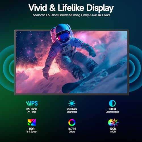 15.6" Portable Monitor, Dual USB C HDMI Laptop Screen Extender for Laptop | Ultra-Slim Travel IPS Display with HDR, 100% sRGB, VESA Mount & Built-in Speakers for Mac Phone PS5 Xbox Switch - size: 15.6