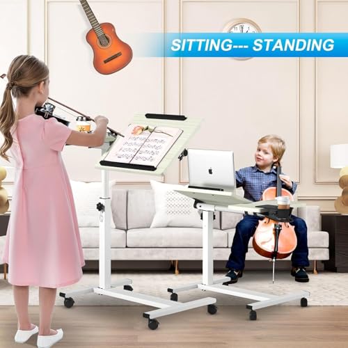 Panta Rolling Laptop Stand, Adjustable, Maple | Dual tilting desktops, cup holder, mobile overbed table, for couch/office/home/hospital - color: Maple