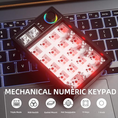 KEYCOOL K19 Wireless Numeric Keyboard, Mechanical Number Keypad Hot-swappable Bluetooth Numpad 5.0/2.4GHz, RGB Multi-Function Knob Numerical Keyboard for Laptop Mac Win iOS Android - color: Earl Red 19 Key