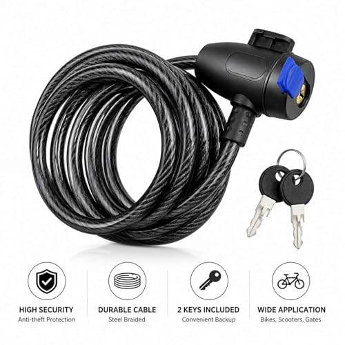Bike Lock,Bike Cable Lock with Keys,Durable Steel,Coiled Steel Security Cable for Bicycle with Keys for Outdoor Equipment,Bicycles,Scooters,Fence
