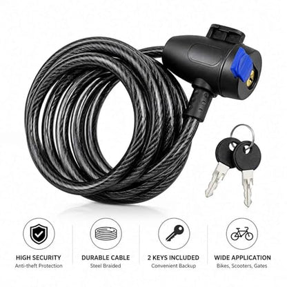 Bike Lock,Bike Cable Lock with Keys,Durable Steel,Coiled Steel Security Cable for Bicycle with Keys for Outdoor Equipment,Bicycles,Scooters,Fence