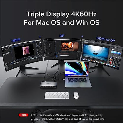 Displaylink Docking Station, Triple Display DisplayLink Dock for MacBook M1/M2/M3 Windows, 4K@60Hz Laptop Docking Station with 2 HDMI, 2 Display Port, PD, USB C Data, 4 USBA, Ethernet, Audio - size: 14-in-1 Displaylink docking station