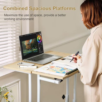 VECELO Mobile Small Standing Desk Adjustable Height, Computer Workstations with Tiltable Tabletop, Lockable Wheels, Portable Rolling Laptop Desk for Home Office, Oak - color: Oak