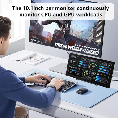 Prechen 10.1 Inch Secondary Mini Monitor,IPS Stretched Bar LCD Travel Display 1540×720 USB-C HDMI Portable Secondary Display with Stand & Speaker, CNC Material for PC Laptop Rasp PI AIDA64, Speaker