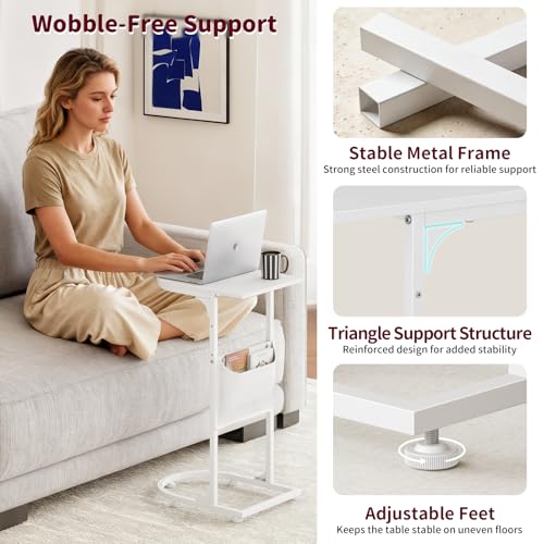 C Shaped End Table, Small Side Table for Couch, C Table that Slides Under Sofa with Storage Bag, TV Tray Table for Recliner, Living Room, Bedside, Bedroom, Small Spaces, White - color: Classic White