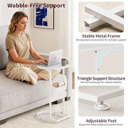 C Shaped End Table, Small Side Table for Couch, C Table that Slides Under Sofa with Storage Bag, TV Tray Table for Recliner, Living Room, Bedside, Bedroom, Small Spaces, White - color: Classic White