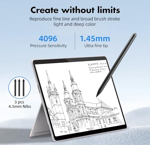 Surface Pen for Microsoft Surface Pro 12 11 10 9 8 X, MPP 2.0 Stylus with 4096 Pressure Sensitivity, Palm Rejection, Tilt & Eraser, USB-C Rechargeable Pen for Surface Laptop/Go/Book/Studio - color: Black