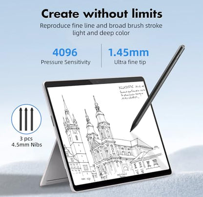 Surface Pen for Microsoft Surface Pro 12 11 10 9 8 X, MPP 2.0 Stylus with 4096 Pressure Sensitivity, Palm Rejection, Tilt & Eraser, USB-C Rechargeable Pen for Surface Laptop/Go/Book/Studio - color: Black