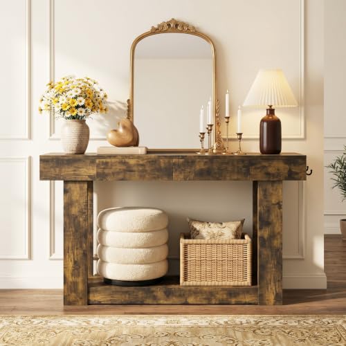 47'' Console Table with 3 Drawers and Open Storage, Entryway Table with Socket, LED Light and Hooks, Narrow Long Wood Sofa Table Behind Couch Table for Living Room, Hallway, Foyer, Brown - size: 47'' IN