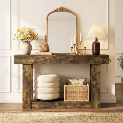 47'' Console Table with 3 Drawers and Open Storage, Entryway Table with Socket, LED Light and Hooks, Narrow Long Wood Sofa Table Behind Couch Table for Living Room, Hallway, Foyer, Brown - size: 47'' IN