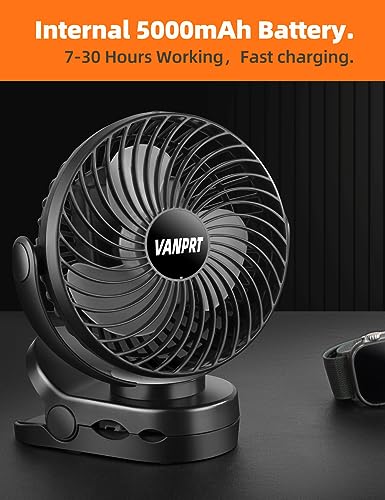 6'' Clip Fan, Portable Clamp Fans with Hanging Hook, 5000mAh Rechargeable Battery Fan, 3 Speeds, 720° Rotation, Quiet, Strong Grip Clamp, 7-30 Working Hours for Camp Stroller Bed - Black - style: 6'' Rechargeable Clip Fan with hanging hook