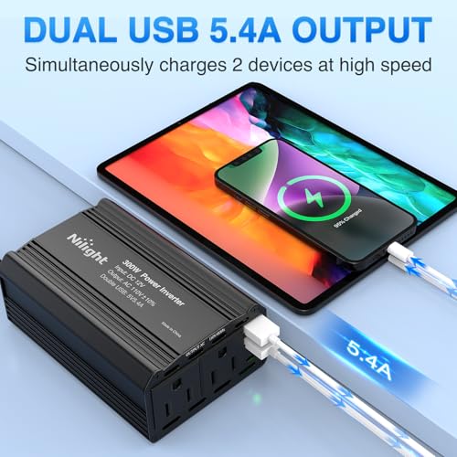 Nilight 300W Power Inverter with 5.4A Dual USB Ports and 2 AC Outlets | 12V DC to 110V AC Car Charger Converter for Phones Tablets Laptop Computer Game Console Kindle iPad DVD Players Black - color: 300W USB*2 110V Outlet*2