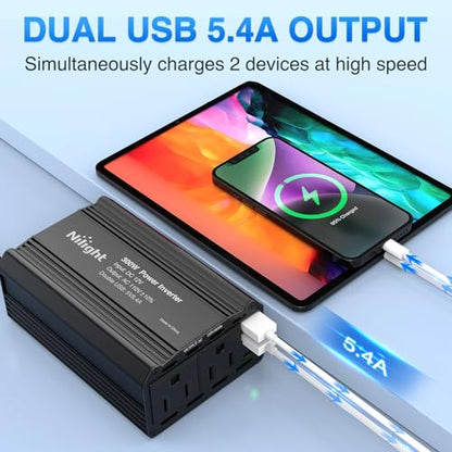 Nilight 300W Power Inverter with 5.4A Dual USB Ports and 2 AC Outlets | 12V DC to 110V AC Car Charger Converter for Phones Tablets Laptop Computer Game Console Kindle iPad DVD Players Black - color: 300W USB*2 110V Outlet*2