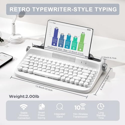 YUNZII ACTTO B303 Wireless Keyboard, Retro Bluetooth Aesthetic Typewriter Style Keyboard with Integrated Stand for Multi-Device (Snow White, B303) - style: Snow White