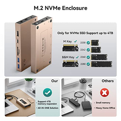 Yottamaster Aluminum USB C Hub with M.2 NVMe SSD Enclosure, 10-in-1 USB C Docking Station 10Gbps for NVMe PCI-E M.2 SSD, Support 100W Charging, 4K HDMI, RJ45, 4 USB Ports, Audio, SD/TF Card Reader