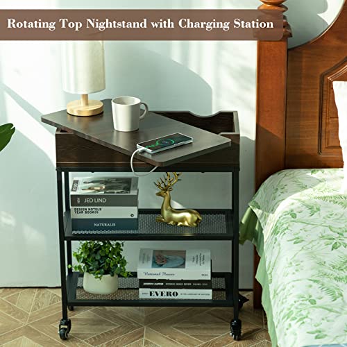 Hadulcet End Table with Charging Station & Rotating Top, Couch End Table, Rotating Swivel Top Side Table for Living Room & Bedroom, Narrow Rolling Side Table on Wheels, Skinny Nightstand, Black Walnut - color: Black Walnut