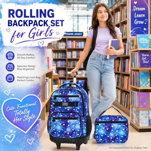 3Pcs Rolling Backpack for Girls Women, Travel Roller Backpacks with Wheels for Adults, Teens College Love Polka Dots Wheeled Bookbag with Lunch Box(Blue) - color: Blue