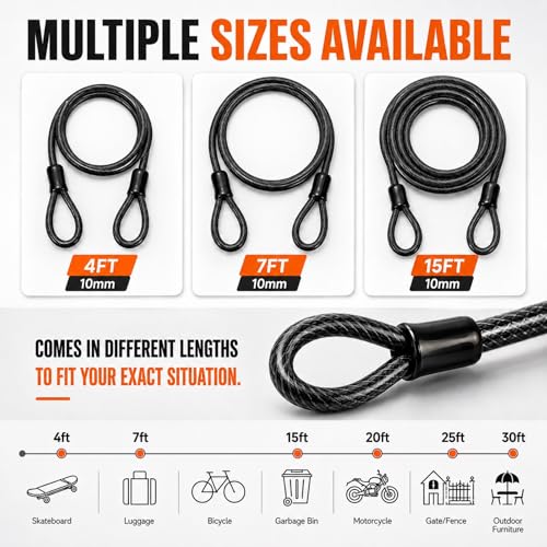Bike Cable Lock Security Cable with Loops - 3/8 inch (10 mm) Heavy-Duty Locking Cable, Vinyl Coated Steel Cable Bike Chain Security Chain (4ft, 7ft, 15ft) - size: 4FT