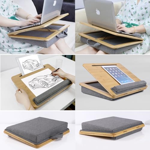 Adjustable Lap Desk for Laptop with Cushion Tablet Phone Holder | Bamboo Laptop Stand with Anti-Slip Strip, Handle Fits up to 15.6 inch or 14 inch with Mouse Space - size: 16.5"x13.4" Height-adjustable