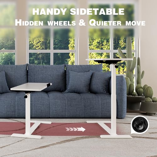 Adjustable Overbed Bedside Table with Wheels Pneumatic Mobile Standing Laptop Desk Rolling Computer Cart Movable Couch Desk Hospital Home Use, White - color: White
