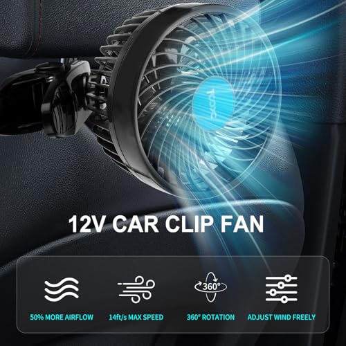 XOOL 12V 6'' Car Fan, Clip Fan 360 Degree Rotatable Car Fan Cooling Air Fan with Stepless Speed Regulation & Cigarette Lighter Plug for SUV, RV, Vehicles - size: Cigarette Single Fan - Clip