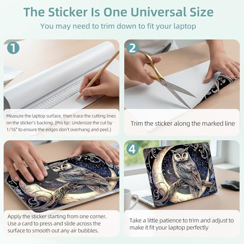 Universal Laptop Skin Decal, 3-Piece Vinyl Protector for 12 13 14 15.6" Notebook, Waterproof Anti-Scratch, Easy Trim & Bubble-Free Finish, Owl Crescent Moon - color: Owl Crescent Moon
