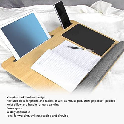 21.7x14.2 Inch Bamboo Laptop Lap Desk for Remote Workers Studying from Home,Supports up to 18.5 Inch Laptops,Built in Pu Leather Mouse Pad Wrist Slot,Comfortable Pillow
