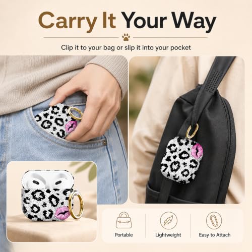Compatible with AirPod 4 Case 2024, Cute Hard Plastic Protective Cover for Airpod 4th Generation Women, Shockproof Shell Skin with Gold Ring Keychain,Black Leopard Pink Lips - color: Black Leopard Pink Lips