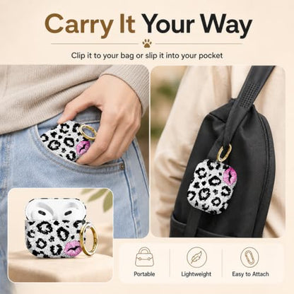 Compatible with AirPod 4 Case 2024, Cute Hard Plastic Protective Cover for Airpod 4th Generation Women, Shockproof Shell Skin with Gold Ring Keychain,Black Leopard Pink Lips - color: Black Leopard Pink Lips