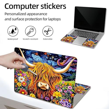 Aesthetic Laptop Skin Sticker, Highland Cow in Blooms Waterproof Vinyl Laptop Decal, Removable Bubble Free, Reusable Protective Cover for 13 14 15 15.6 Inch - color: Highland Cow in Blooms