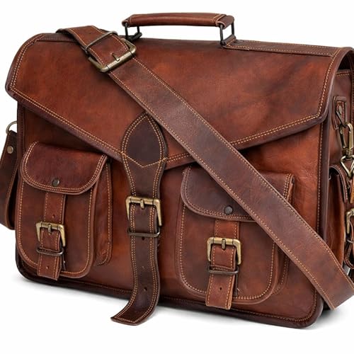 Leather Messenger Bag, 18-Inch Laptop Briefcase, Dark Brown Crossbody Satchel for Men