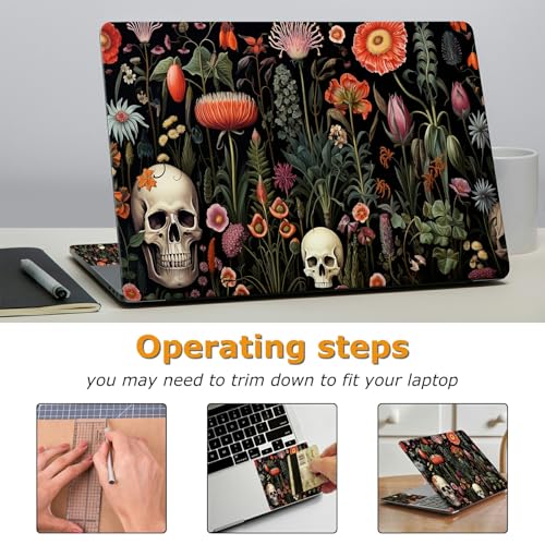 Universal Laptop Skin Sticker with 2 Wrist Pad Decals, 3-Piece Removable Vinyl Laptop Cover, Botanical Flower Skull Waterproof Anti-Scratch, Easy-Trim Fit for 13.3" 14" 15.6" Laptops - color: Botanical Flower Skull
