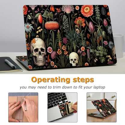 Universal Laptop Skin Sticker with 2 Wrist Pad Decals, 3-Piece Removable Vinyl Laptop Cover, Botanical Flower Skull Waterproof Anti-Scratch, Easy-Trim Fit for 13.3" 14" 15.6" Laptops - color: Botanical Flower Skull