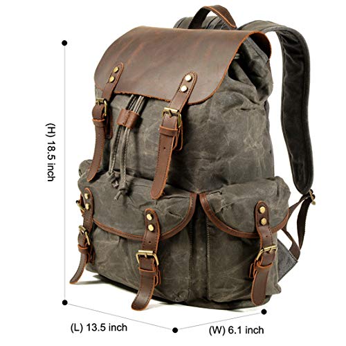 WUDON Leather Backpack for Men, Waxed Canvas Shoulder Rucksack Carry-On Travel Backpack - color: Grey-regular