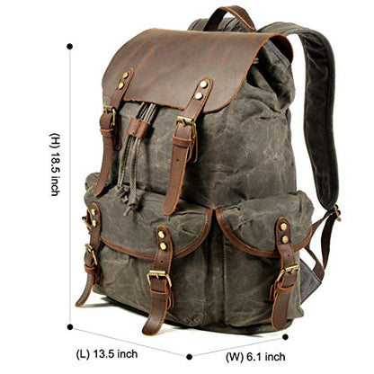 WUDON Leather Backpack for Men, Waxed Canvas Shoulder Rucksack Carry-On Travel Backpack - color: Grey-regular