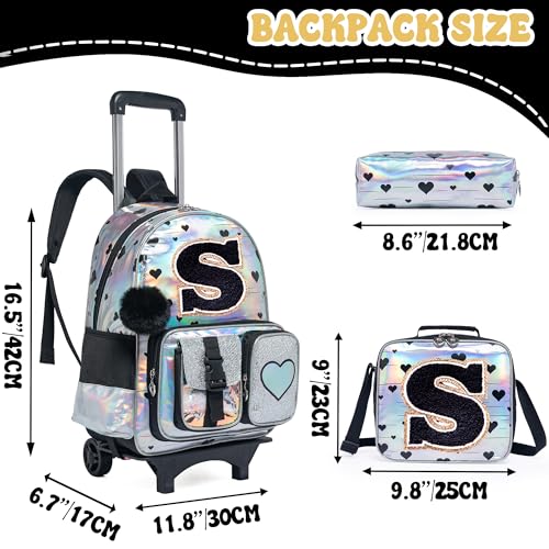 HTgroce Cute Rolling Backpack with Wheel,School Backpack for Kids Girl Roller Schoolbag Wheeled Backpacks Set Carry-on Luggage,Initial S - color: Silver, style: S