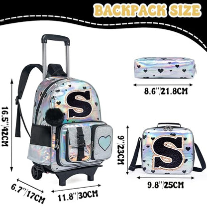 HTgroce Cute Rolling Backpack with Wheel,School Backpack for Kids Girl Roller Schoolbag Wheeled Backpacks Set Carry-on Luggage,Initial S - color: Silver, style: S