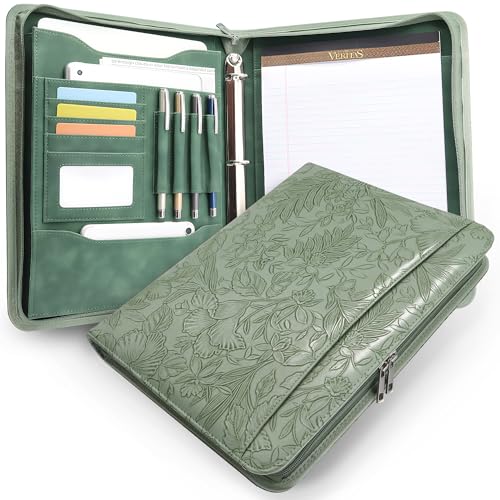 Zippered 3 Ring Portfolio Binder, Padfolio Organizer for Women | Embossed faux leather organizer fits Letter/A4 pads and 13.9 in tablet, with card slots and pen holders for work. - color: Green, size: Zipper Portfolio(13.7"x11"x1.57")
