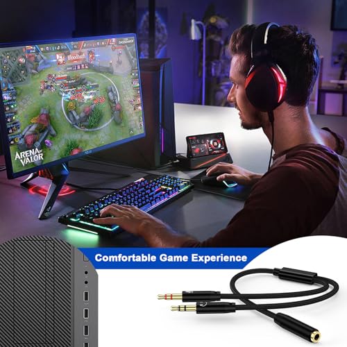 Headphone Splitter Cable for PC,3.5mm Female to 2 Dual Male Headphone Braided Audio Splitter Cable,Separate Audio Stereo Jack Microphone Headphone Port for Gaming Headset to PC Laptop Adapter - color: Black