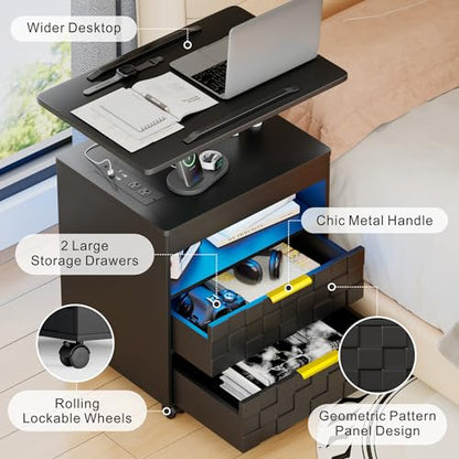 Lareth Rolling Nightstand with Wheels, LED Lights, Charging Station | Height Adjustable, Bedside Table 2 Drawers, Smart Wooden End Table Dorm Side Table Laptop Workstaion, Bedroom, Black - color: A Black