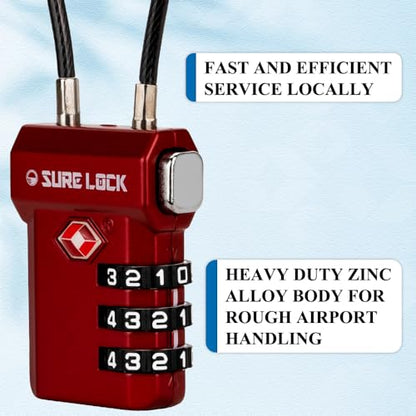 SURE LOCK TSA Approved Luggage Locks with Open Alert Indicator, 3 Digit Combination Cable Travel Lock for Suitcase, Backpack, Gym Locker, Toolbox, Carry On & Travel Bag - color: RED 2 PACK