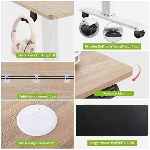 farexon Electric Standing Desk Adjustable Height, 55 x 24 Inch Stand up Desk with Large Mouse Pad, Rolling Wheels & Foot Pad,27''-46'' Lifting Range Home Office Computer Desk(Oak Gray) - color: Oak Grey, size: 55 x 24''