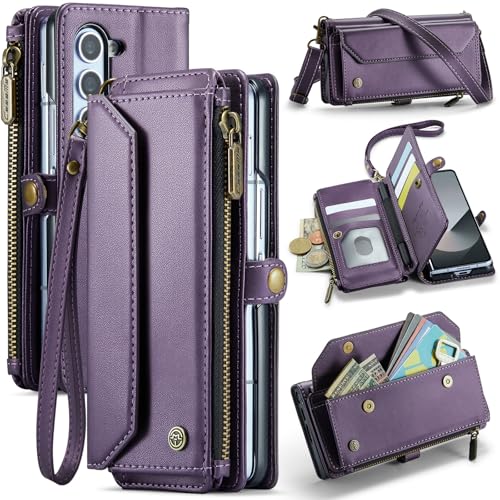 Dteck for Samsung Galaxy Z Fold 4 Flip Wallet Case with Shoulder/Wrist Strap, Built-in Elastic Pen Holder, Card Slots, Pocket, Button Closure, Stand Function, PU Leather Protective Folio Cover, Purple - color: 01_Purple, size: for Samsung Galaxy Z Fold 4