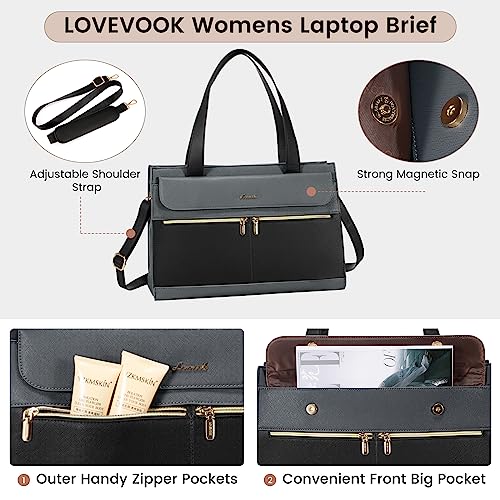 LOVEVOOK Laptop Tote for Women - 15.6 Inch Professional Leather Computer Briefcase - Waterproof Shoulder Bag - Large Capacity Business Teacher Office Bag - Crossbody Purse - color: 1# Black/Iron Gray, size: 15.6 Inch