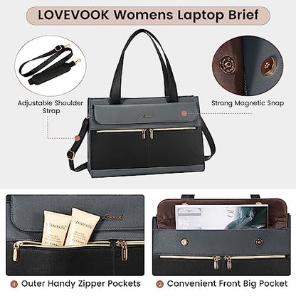 LOVEVOOK Laptop Tote for Women - 15.6 Inch Professional Leather Computer Briefcase - Waterproof Shoulder Bag - Large Capacity Business Teacher Office Bag - Crossbody Purse - color: 1# Black/Iron Gray, size: 15.6 Inch