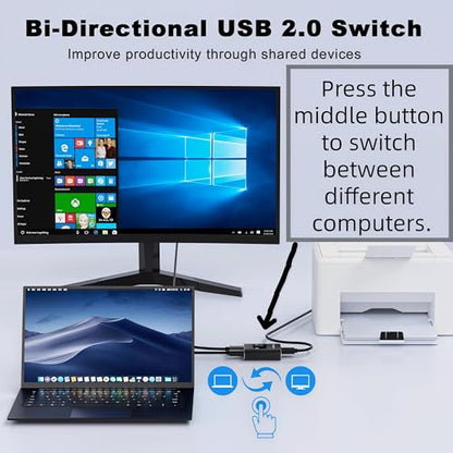 USB2.0 Switch with 2Pack Usb2.0 Cable(1M), Bi-Directional 1 in 2 Out/2 in 1 Out,Aluminum USB Switcher kit for 2Computers Share Devices(Printer, Keyboard, Scanner, Mouse),Compatible with Mac/Win/Linux