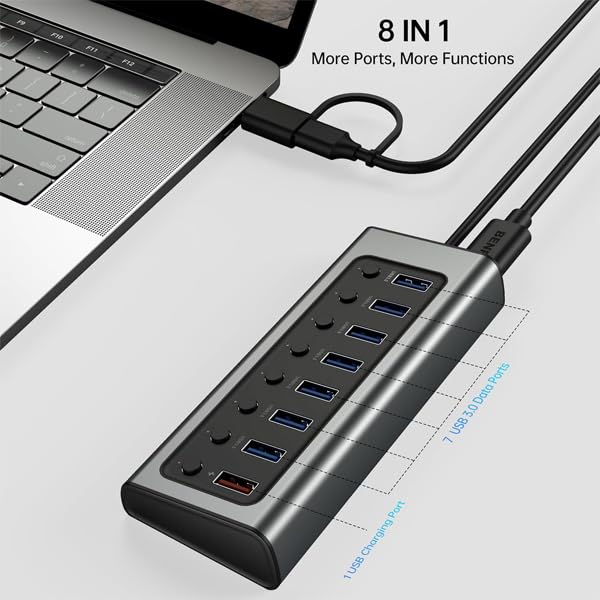 BENFEI 8-Port USB Hub with Power Adapter, USB Splitter Hub(7 Faster Data Transfer Ports + 1 Smart Charging Port) with Individual LED On/Off Switches